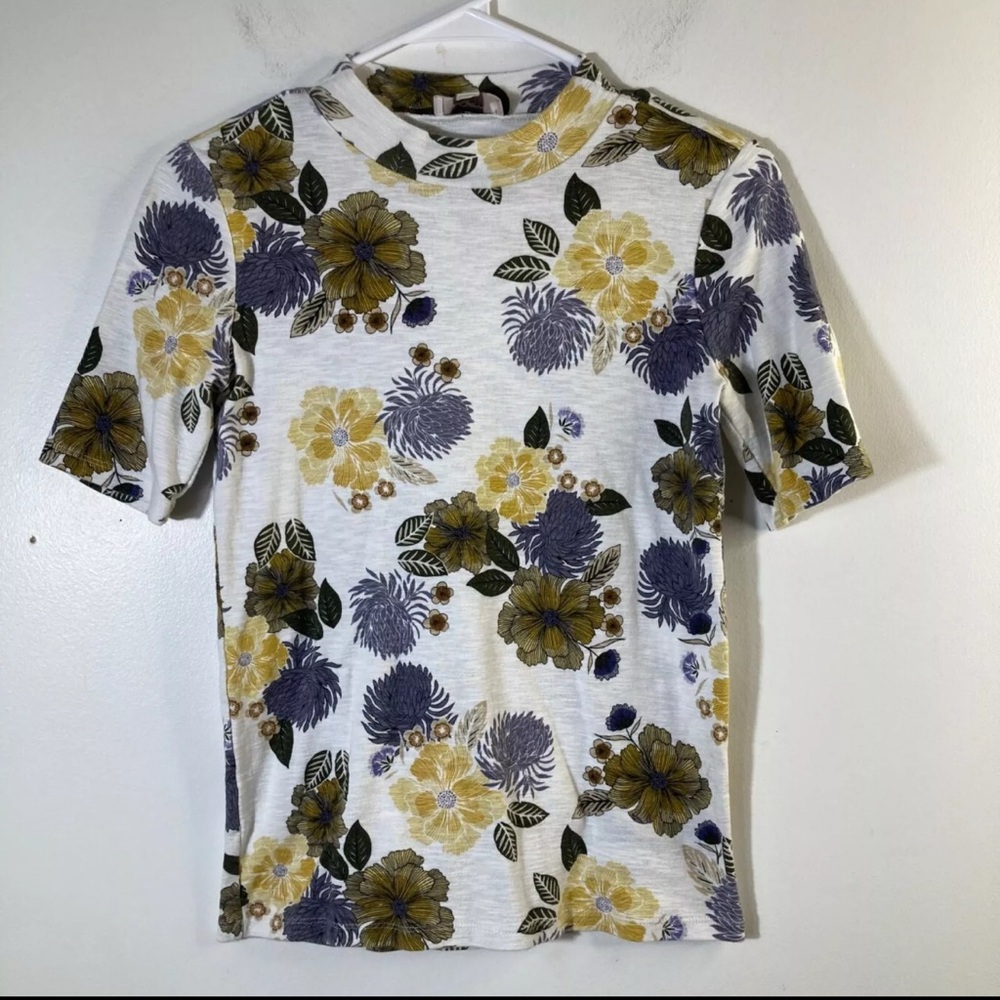 Loft Floral Mock Neck Women’s Top Large Boho 100% Cotton Short Sleeves